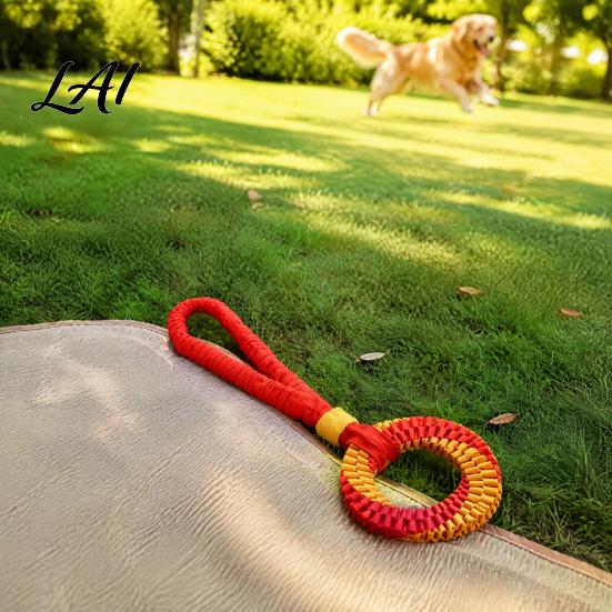 Dog Teeth Cleaning Supplies Bungee Tug Toy Woven Ring with Long Handle Interactive Chew Tear Resistant Toys Toy for Medium Large Dogs Dental