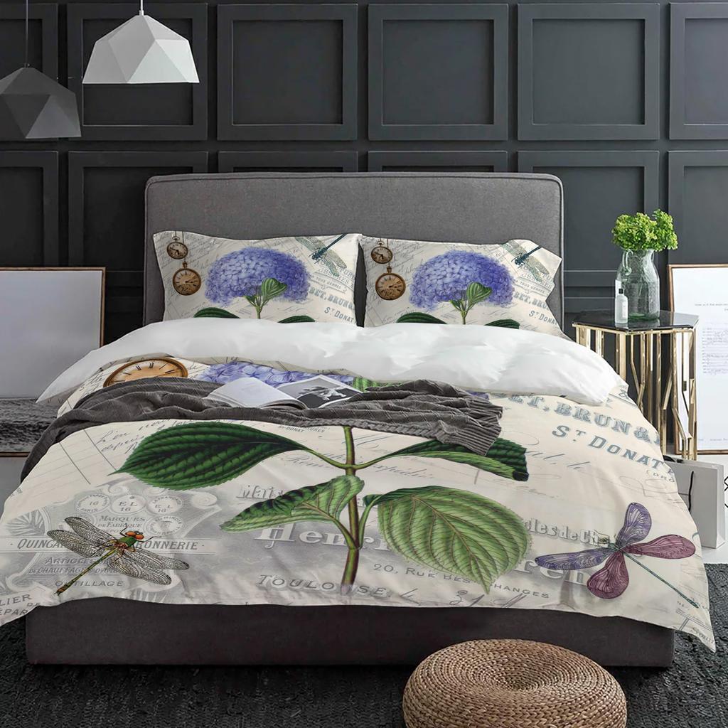 Purple Flower Dragonfly Vintage Clock Retro Duvet Cover With Pillow Case 3pcs Bedding Set Quilt Cover Double Bed Home Textile