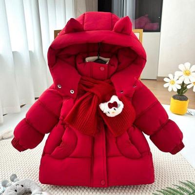 Sweet Style Red Cartoon Hooded Cotton Jacket for Baby Girls - Winter Warm & Thickened