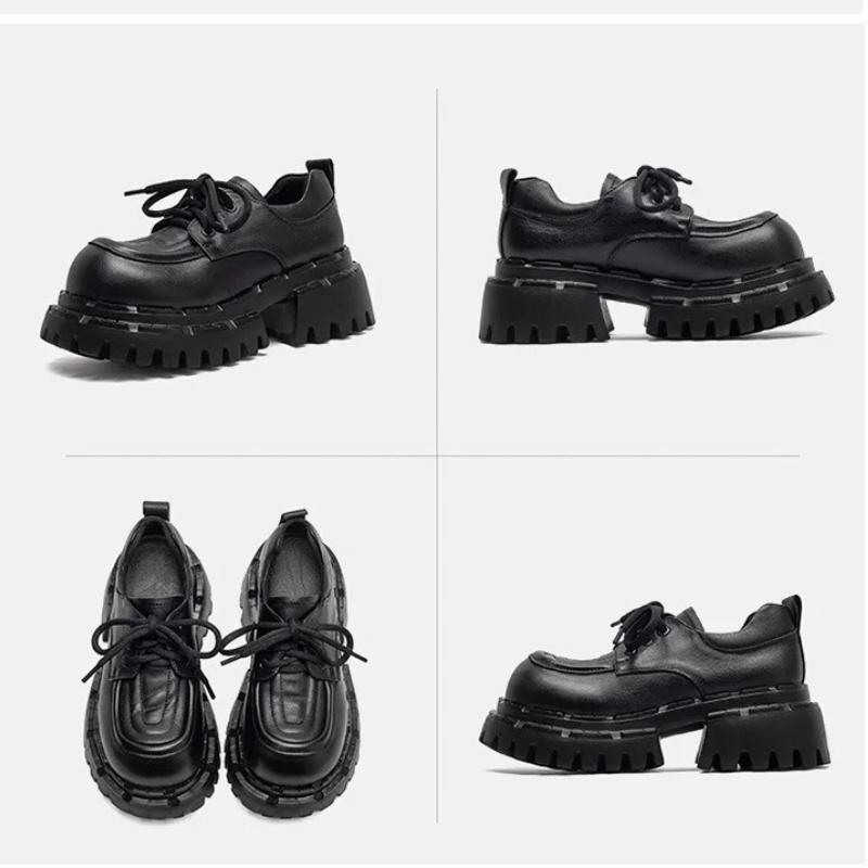 Johnature Britischer Stil Schnürschuhe Runde Spitze Dicke Sohle Echte Leder Vielseitige Damen High Heels Pumps