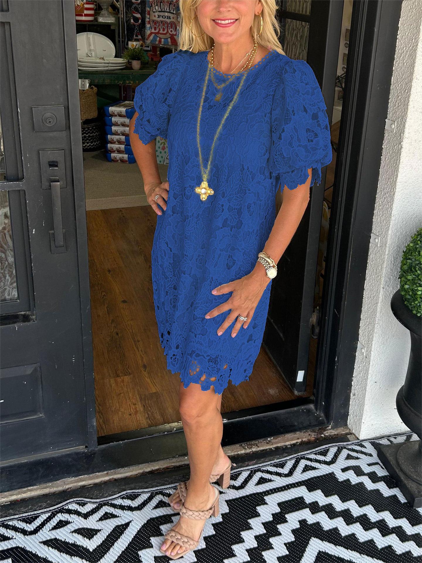 

Summer new European and American women s lace short-sleeved dress women s clothing XXL темно-синього кольору