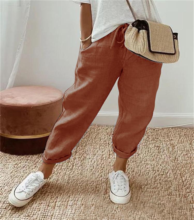 2024 European & American Style Print Cotton Linen Casual Pocket Long Pants