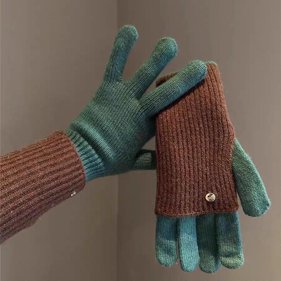 Maillard Wind Long Short Dual-purpose Color Matching Knitted Gloves Wool Can Be Played Mobile Phone Warm