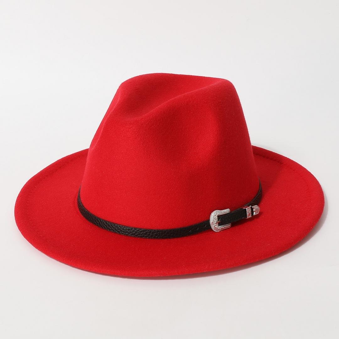 

European and American flat-brimmed hats, western cowboy hats, British jazz hats, vintage felt hats, leather belt wool hats for men and women Average Size червоний