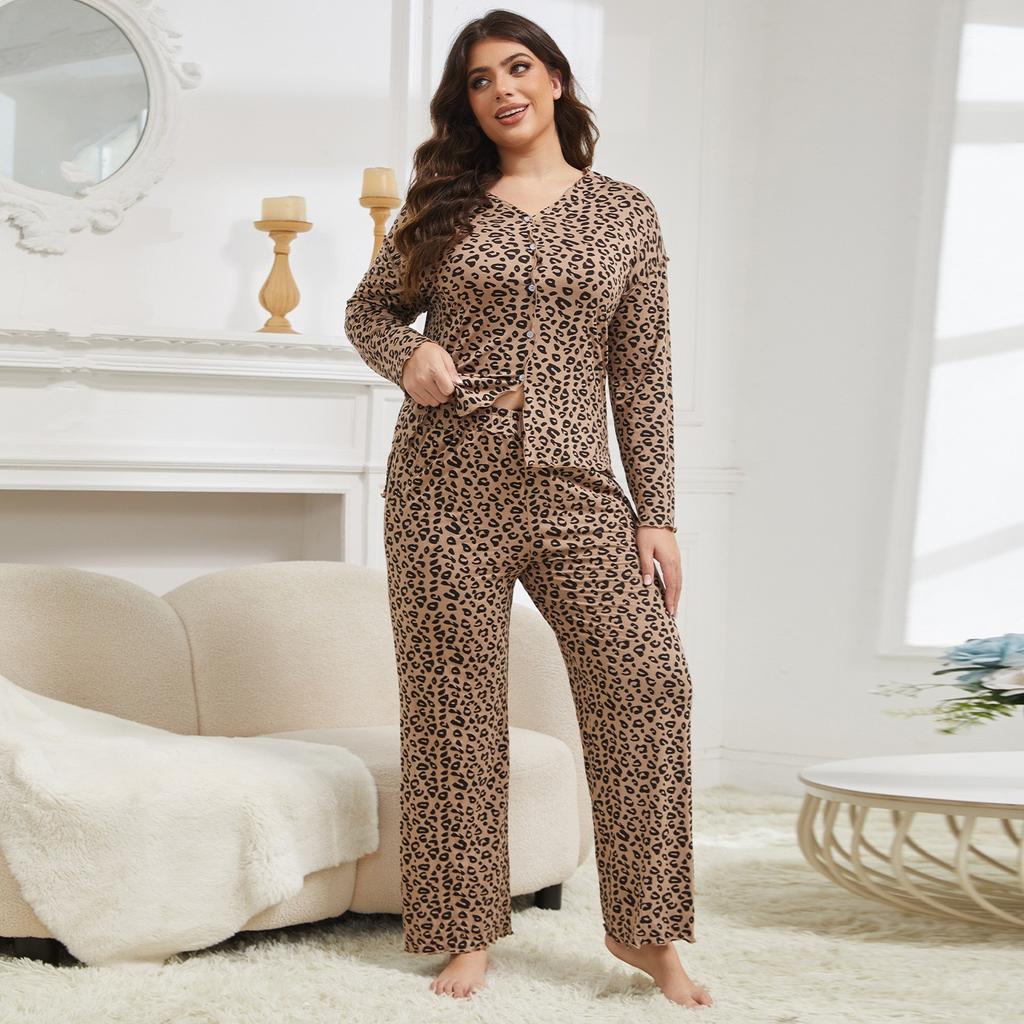 XL až 5XL Nadměrné velikosti Leopardí pyžamové sady Módní domácí oblečení 2dílný oblek Tričko s dlouhým rukávem a kalhoty Pohodlné noční oblečení Ležérní oblečení na spaní