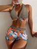 Fashion Women's High Waist Boxer  Print Solid Color Patchwork Swimsuit Bikini