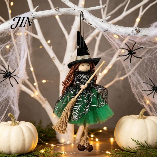 Festlicher Halloween-Schmuck Hexe Puppe mit Besen, Kleine Hängende Figur Partydekorationen Tüllrock für Spukhaus, Türfenster Dekor
