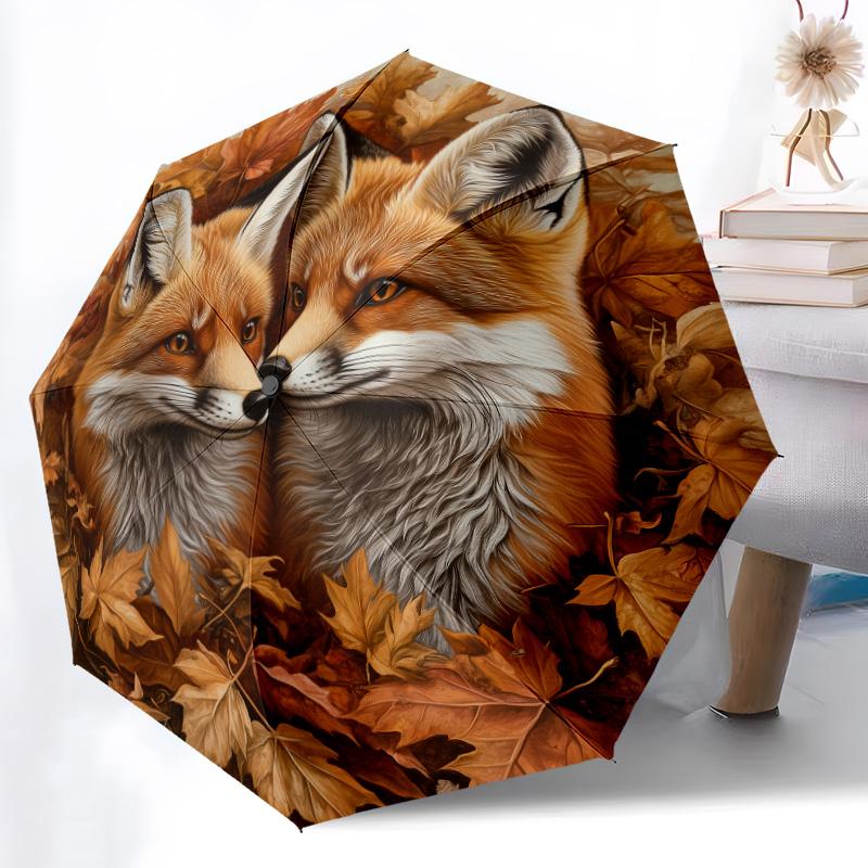 0106 Leaf Fox  Pattern, Automatic Folding Umbrella, Portable and Foldable Design, 8 Ribs, a Christmas or Birthday Gift.