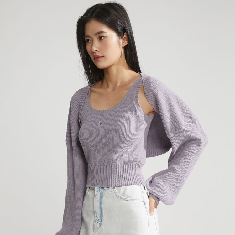 Calvin Klein Solid Color Knitted Cardigan Lantern Sleeve Sweater Women tops Purple J221665-PC1