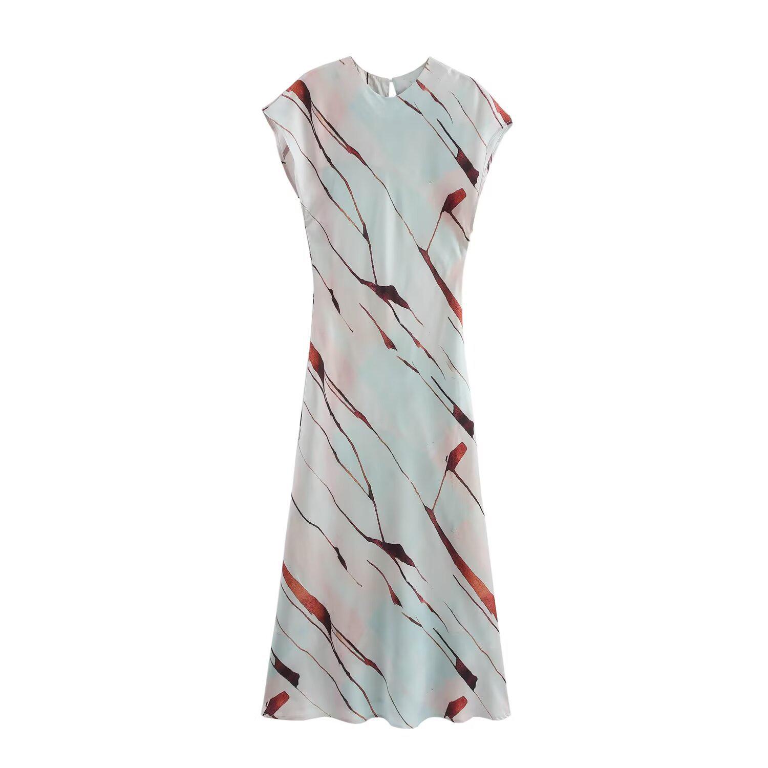 

2025 Spring Women s Elegant Slim Silk Satin Print Dress, Short-Sleeved Small