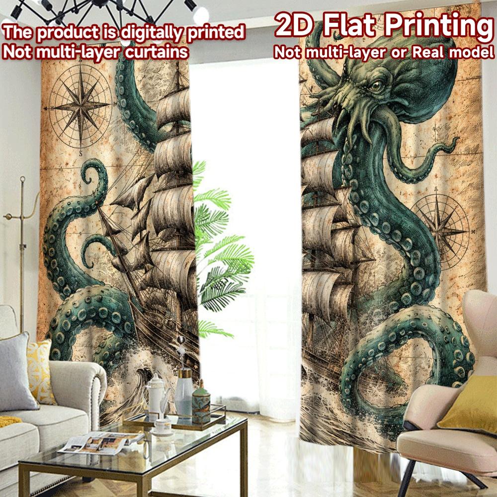 2D FLAT PRINTING 2pcs Curtains (Without Rod) Kraken Attacks Ship Modern Minimalist Curtains Machine Washable Fabric Curtains