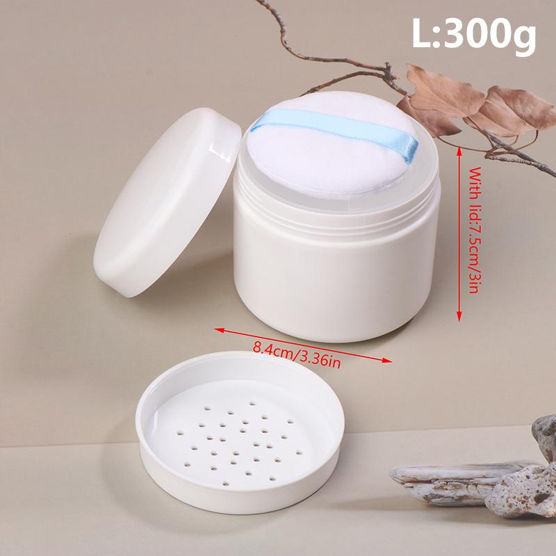 Pojemnik na sypki puder wielokrotnego napełniania 200/250/300g – Z sitkiem w wieczku i gąbeczką, do utrwalania, pudru typu „honey” i pudru do twarzy