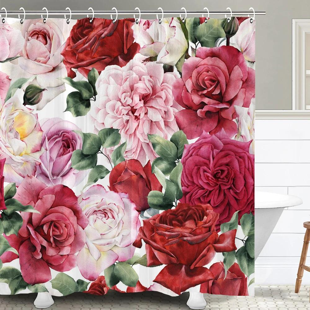 1 Pcs nordic beautiful flowers waterproof shower curtain, rose flower bathroom decoration curtain, with plastic hooks W120xH180cm
