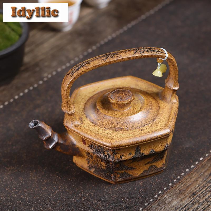 350ml Yixing Purple Clay Teapots Handmade Lifting Handle Pot Raw Ore Wood-fired Porcelain Mud Kettle With Infuser Zisha Tea Set