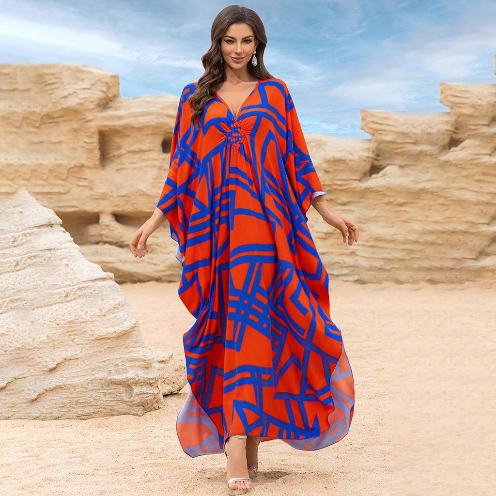 2025 European & American Cotton Print Beach Dress: Women's Loose Long Robe Cover-up with Sun Protection