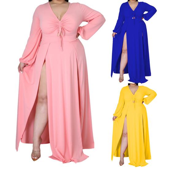 Einfarbiges Maxikleid mit geteiltem Saum für Damen, V-Ausschnitt, gerafft, bodenlang, übergroßes Kleid, Streetwear