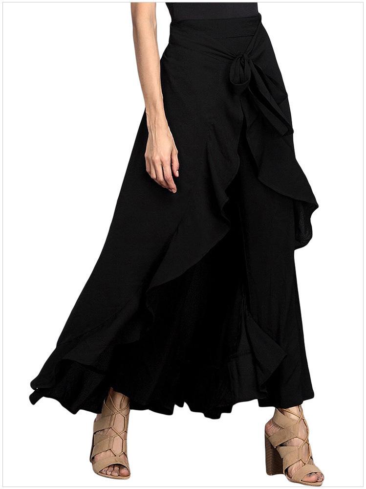 Women Clothing European Style Plus Size Wide Leg Pants Fall Chiffon M чёрный
