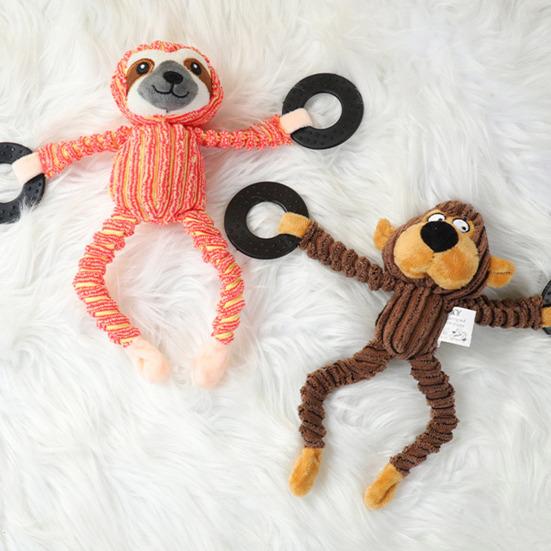 Interactive Dog Toy Squeaky Plush Animal Dog Chew Toy with Rubber Ring Stuffed Sloth Monkey Tug-of-War Toy for Puppy Teething
