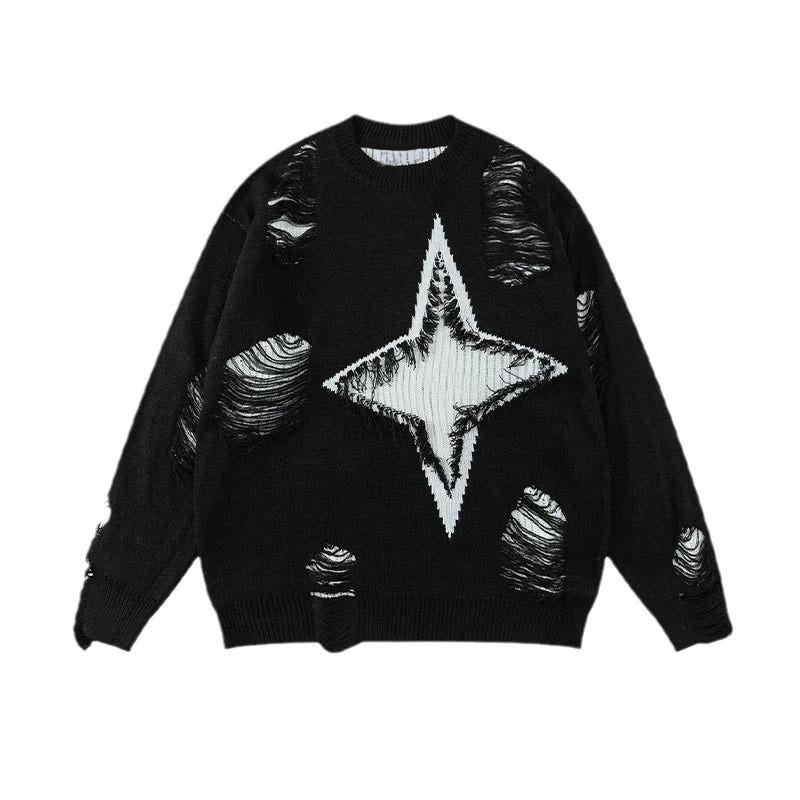 Streetwear Ripped Crewneck Sweater Unisex Loose Fit Hip Hop Knit Top Fall