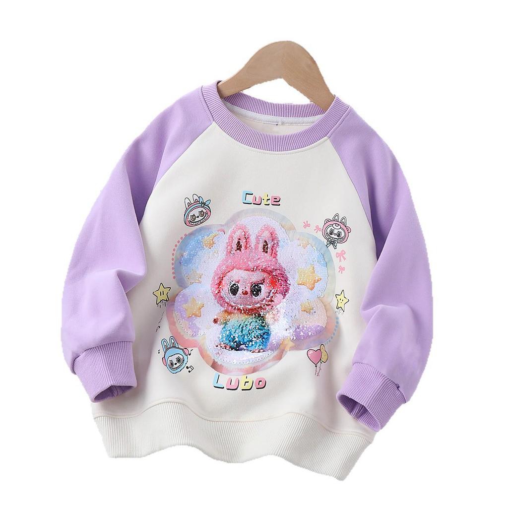 Moletom Infantil de Outono 2025 com Lantejoulas e Desenho Animado - Casual, Gola Redonda para Crianças