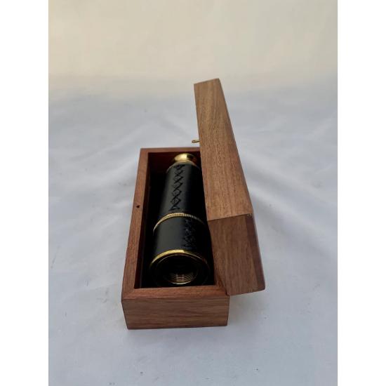 Vintage Style Telescope Leather Effect Telescope In Wooden Box and Brass Spyglass