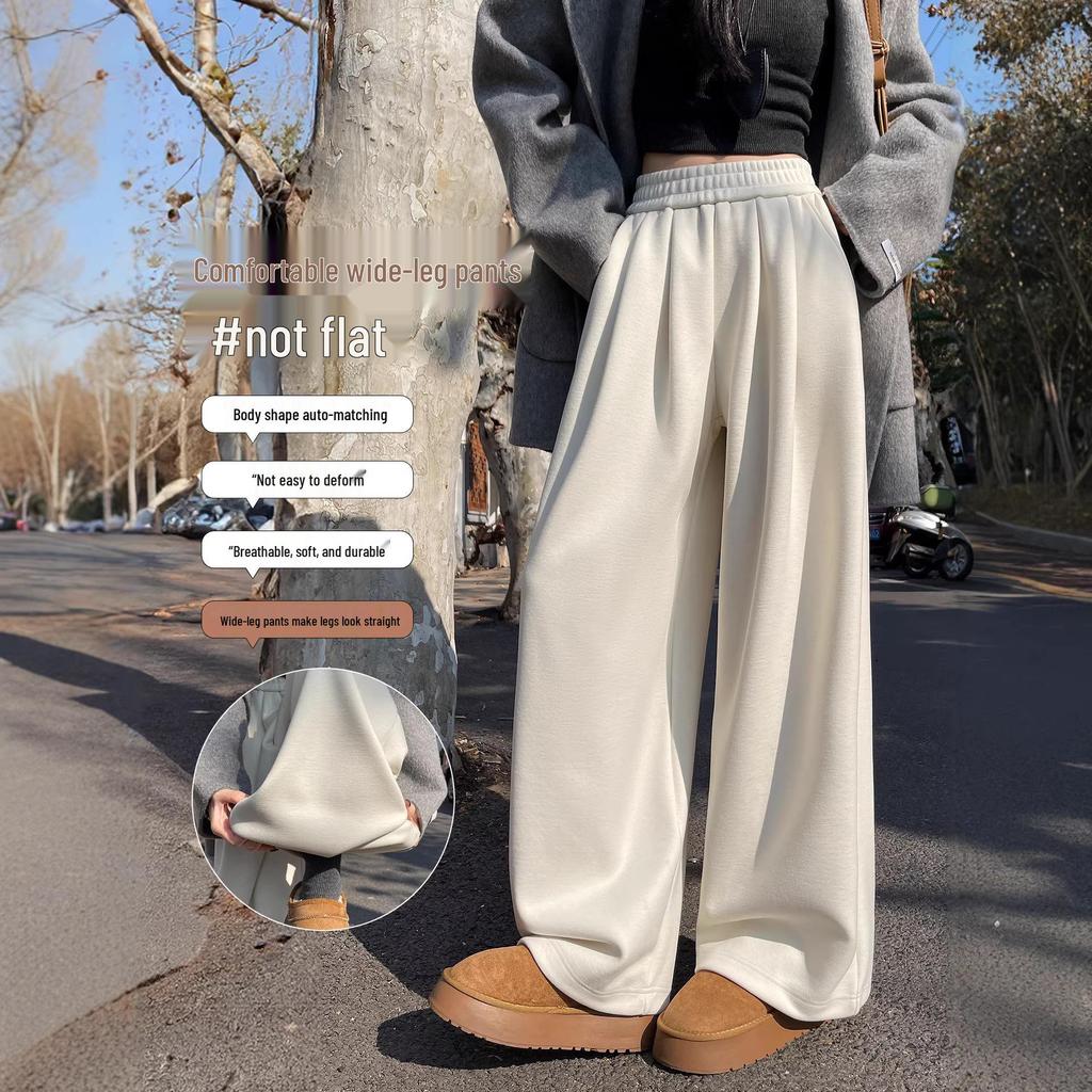 Women's Wide-Leg Glutinous Rice Pants - 2026 New Spring/Fall/Winter Plus Velvet Drape Wool Silk Blend Sweatpants