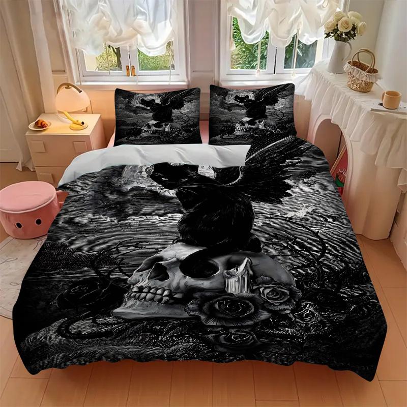 3pcs Moonlit Scene Black Cat Bedding Set, Including 1 Quilt Cover and 2 Pillow Shams, Without Filling, Soft and Comfortable Home Bedroom Fabric,