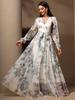 V-Neck Waist-Cinching Printed Long Dress - Retro Slimming Middle Eastern Women's Fashion