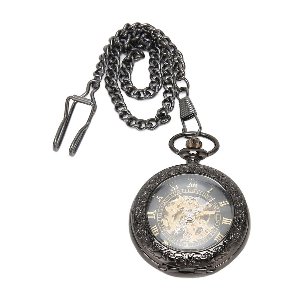 Mechanical Pocket Watch Vintage Double Case Watch Hand Wind Skeleton Pocketwatch with Chain