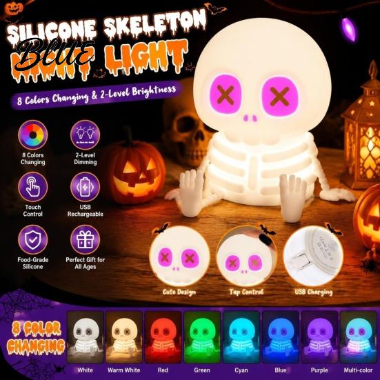 Christmas Gift for Kids Halloween Skeleton Night Light Silicone Touch LED Bedside Lamp Kids Light 8 Color RGB Dimmable Warm Desk Decor Bedroom