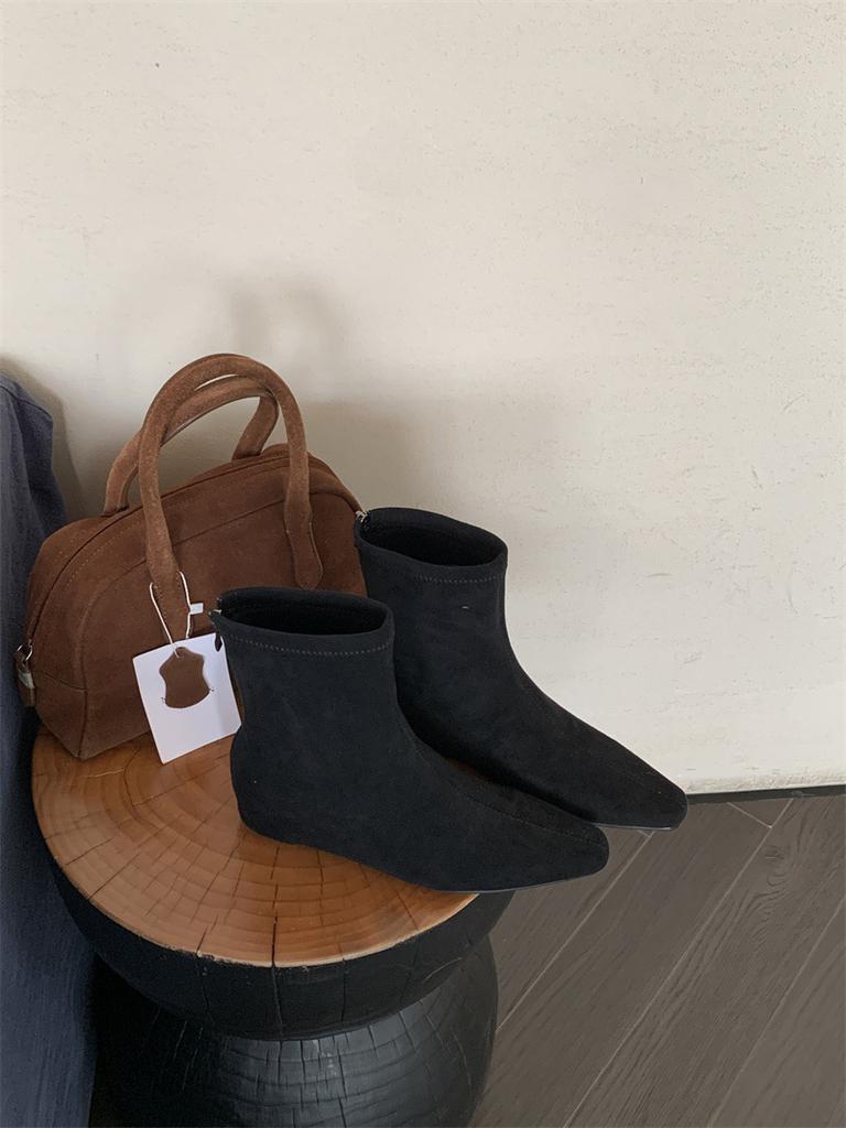 Inner Height-increasing Suede Square Head Short Boots Women's 2025 Autumn and Winter New Temperament Versatile Women's Boots, Wedge Heel Rear Zipper 