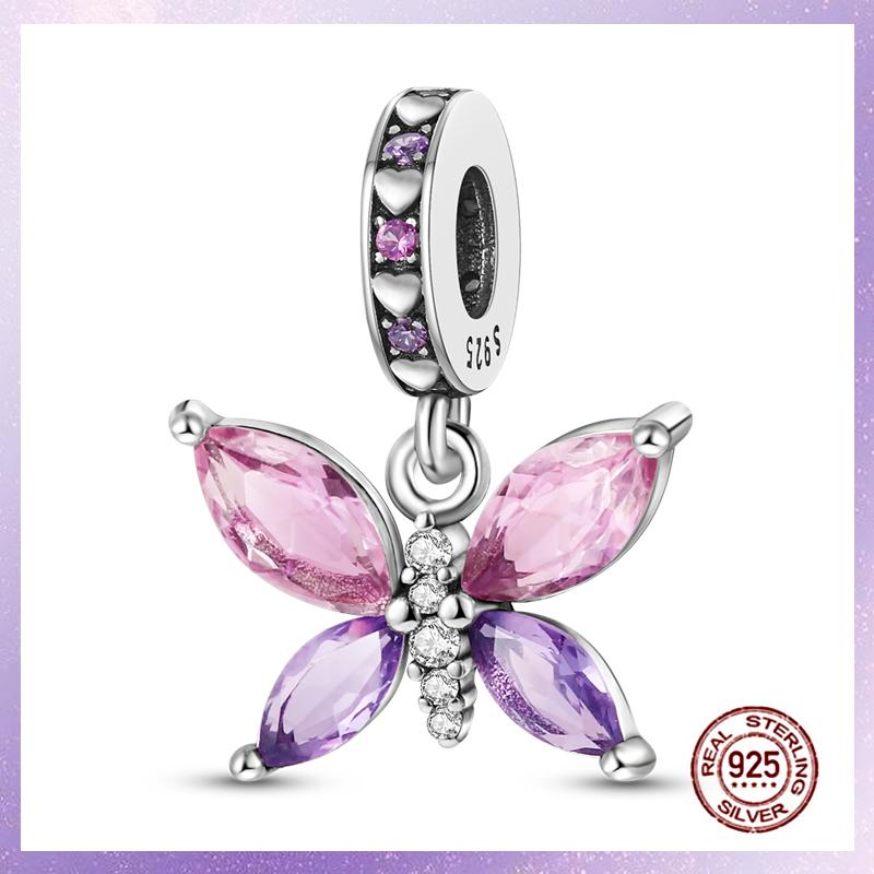 Purple Charms Copper Fit Original Pendant Bracelet Butterfly Glass Heart Feather Clip Charm Dangle Luminous Bead Diy Jewelry