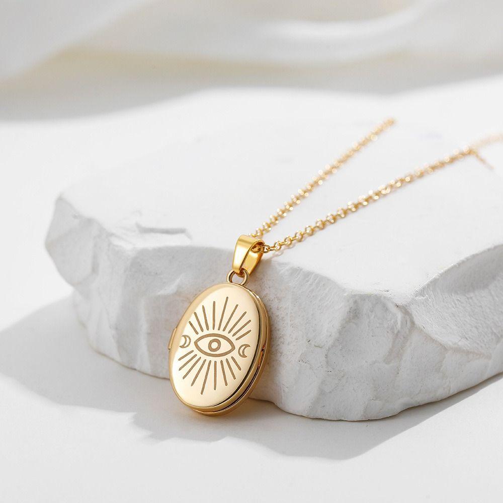 Moon Sun Photo Pendant Evil Eyes Photo Album Necklace Trendy Oval Photo Frame Necklace  Gift