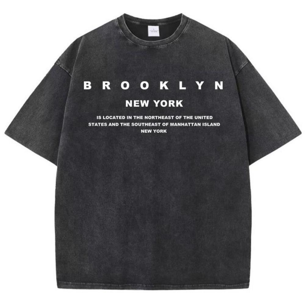 Brooklyn New York Slogan Printedsummer Vintage Washed Originality Cotton T-Shirt Normcore Round Neck Short Sleeved