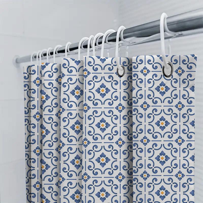 Blue White Ceramic Tile Pattern Waterproof Shower Curtain 3D Printing Bathroom Decor Waterproof Fabric Blue White Bath Mat Print