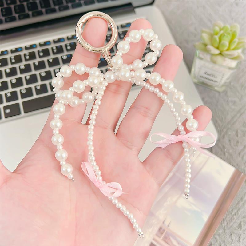 Kawaii Pearl Bow Keychain Lovely Heart Pendant Keyring Stylish Bag Accessory Perfect for Girls Daily Use Gift