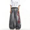 European and American Jeans Red and White Dragon Pattern Embroidery Design Sense High Waist Washed Loose Straight Mopping Jeans