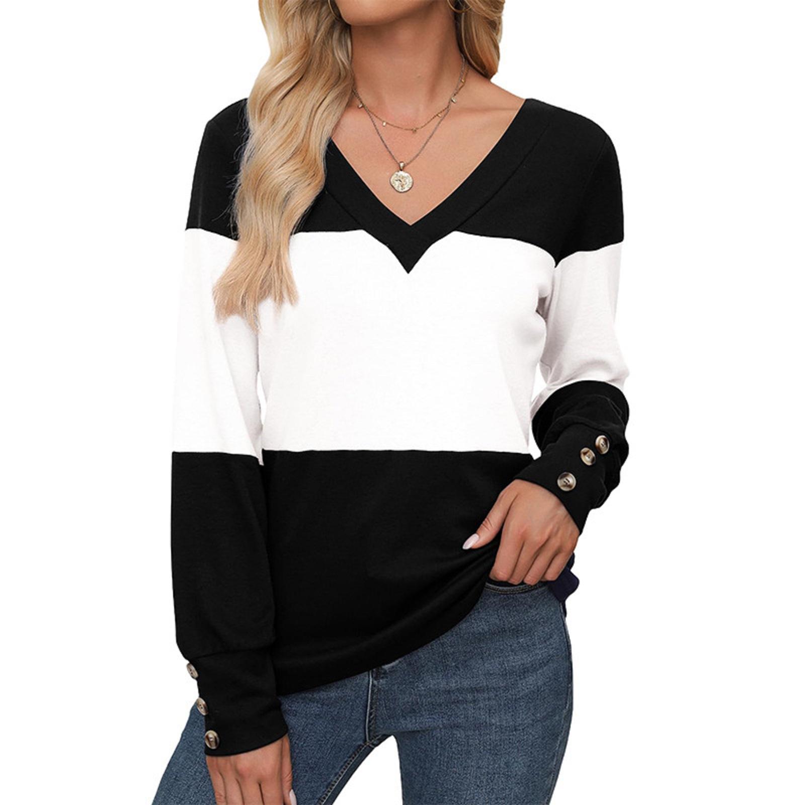 

Women s Loose V-Neck Long Sleeve Colorblock T-Shirt Button Long Sleeve XL белый