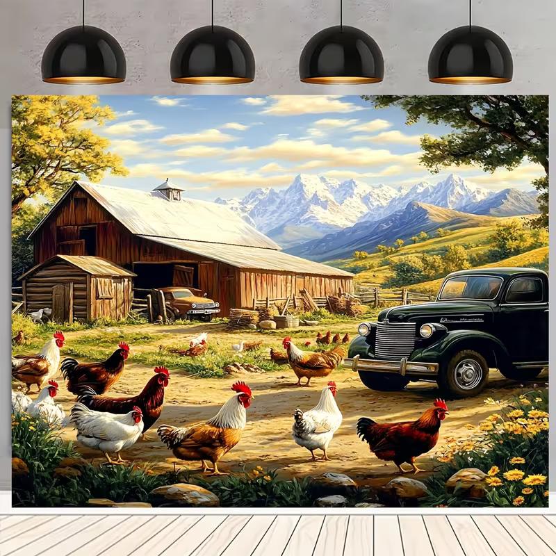 2D Rustic Farm Wall Hanging, Chickens, Barn, Classic Truck and Landscape