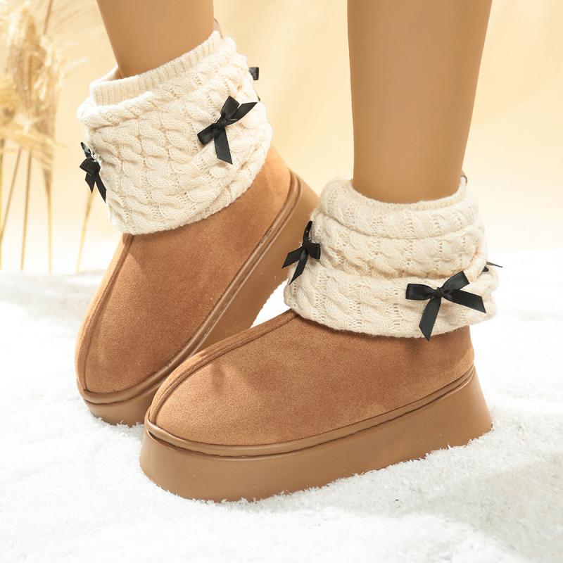 Fashion Soft Thick Bottom Snow Boots Women 2025 Winter Sweet Bowknot Knitted Leg Covers Warm Faux Fur Snow Boots Non Slip Winter Shoes
