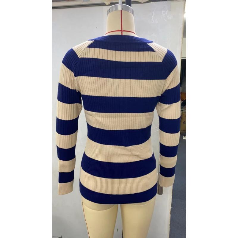 Women's Autumn and Winter New Striped V-neck Long-sleeved Sexy Slim Bottoming Knitwear