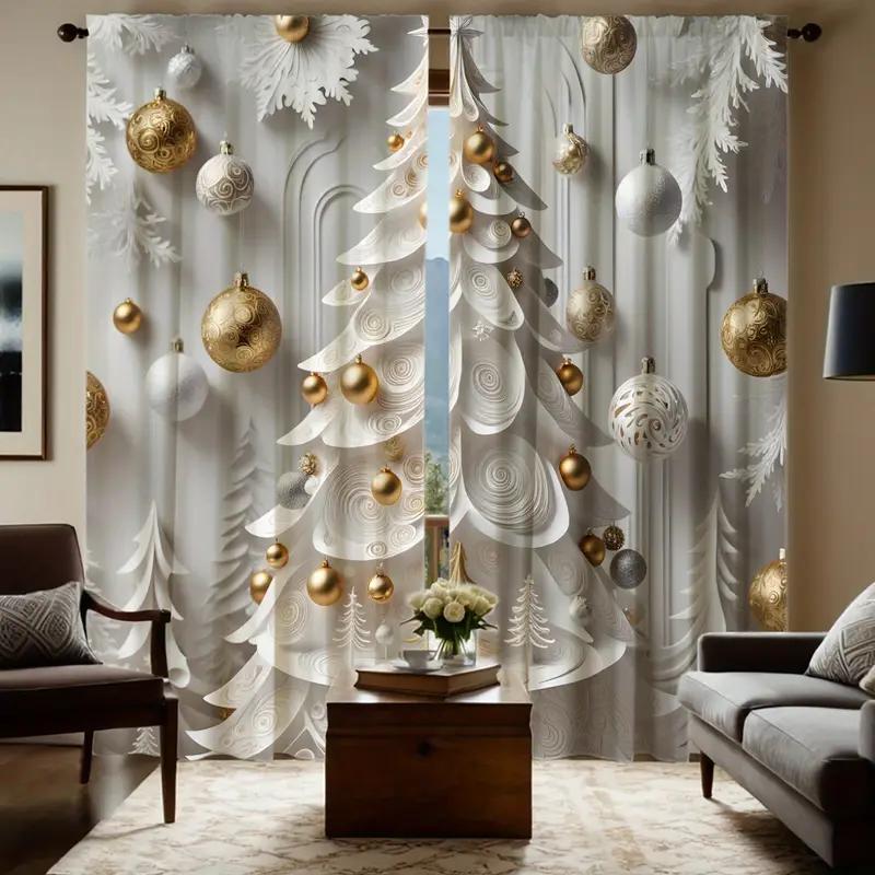 2pcs Elegant Gold Christmas Tree Pattern   Sophisticated Design Light - Filtering Polyester Curtains for Christmas Home Windows
