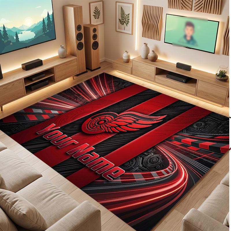 Detroit Red Wings Personalized Crystal Velvet Carpet, Customized Name Text Soft Anti‑Slip Rug for Living Room Bedroom