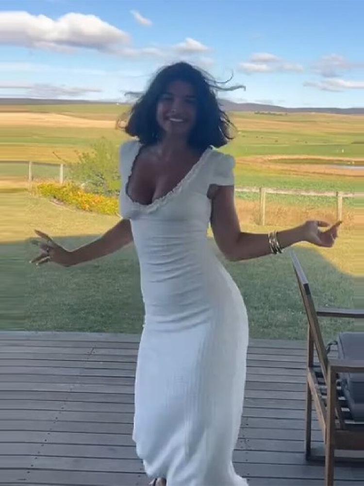 2026 European Spring/Summer Women's Solid Color Deep V-Neck Short Sleeve Long Dress