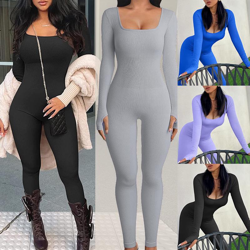 European and American Women’s Ribbed Square Neck Slimming Jumpsuit – New Autumn/Winter Collection