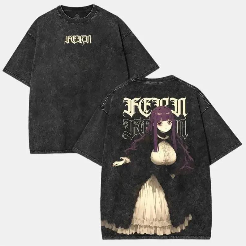 Frieren Beyond Journey's End Clothing Men Women Manga T-shirts Vintage Washed T Shirt Casual Cotton Tee Harajuku Male Tshirt