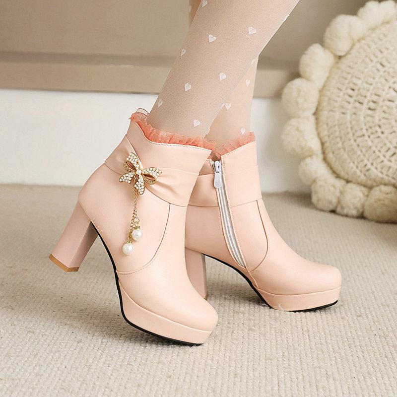 Fashion High Heels Woman Booties Lace Pearl Design Princess Platform Party Wedding Women Shoes Black Pink White Ankle Boots28-43