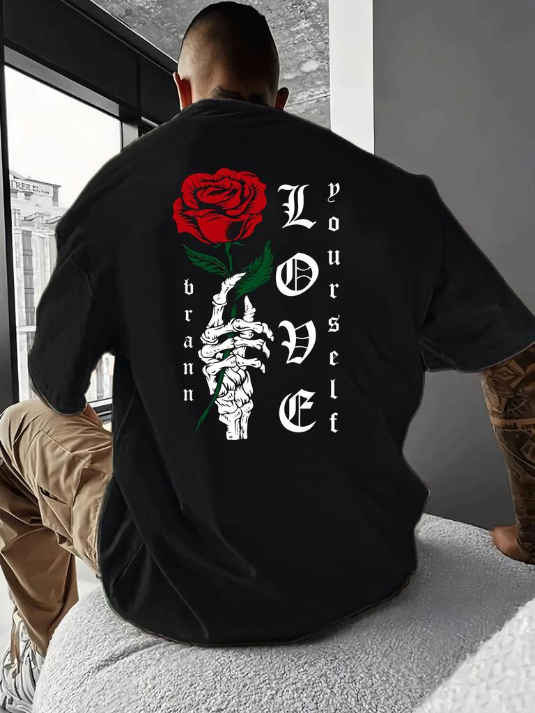Unisex O Neck Tee Skeleton Hand Red Rose Back Print Cotton Short Sleeve Loose Summer Street Breathable Daily Casual Basic Wear Top