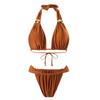 2025 European & American Ruched Tie-Up Solid Color Two-Piece Bikini Swimwear