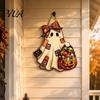 Home Wall Embellishment Halloween Cute Bow Ghost Door Sign, Wooden Patchwork Hanging Plaque with Pumpkin Candy Basket, Retro Pendant Lanyard for Front